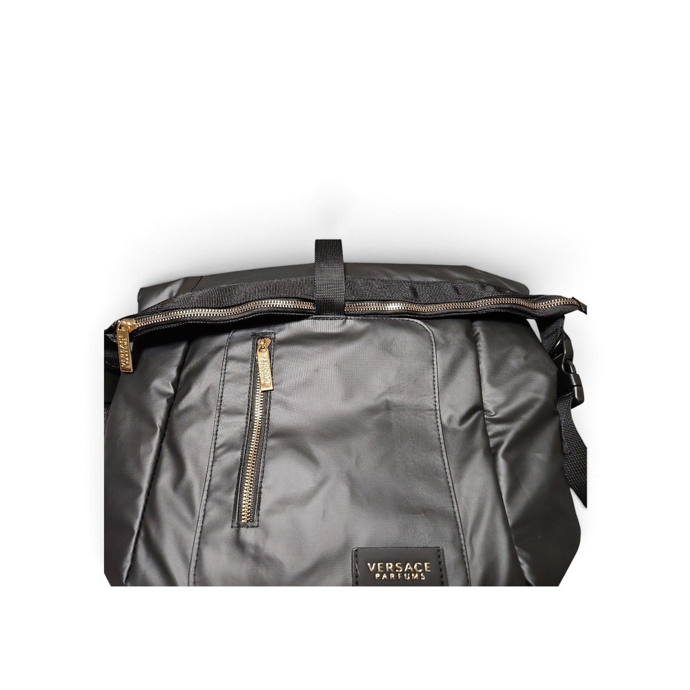 Versace Parfums Black Nylon Backpack Gold Greca Strap Designer Fragrance Bag New